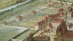 Hofgarten und Sommerresidenz in einem Ausschnitt aus dem Stadtbild von Johann Michael Franz.